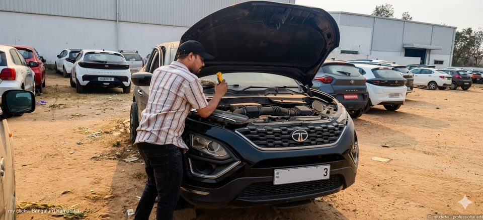 Car TechTalks inspector examining an engine bay during a pre-purchase inspection in Bengaluru